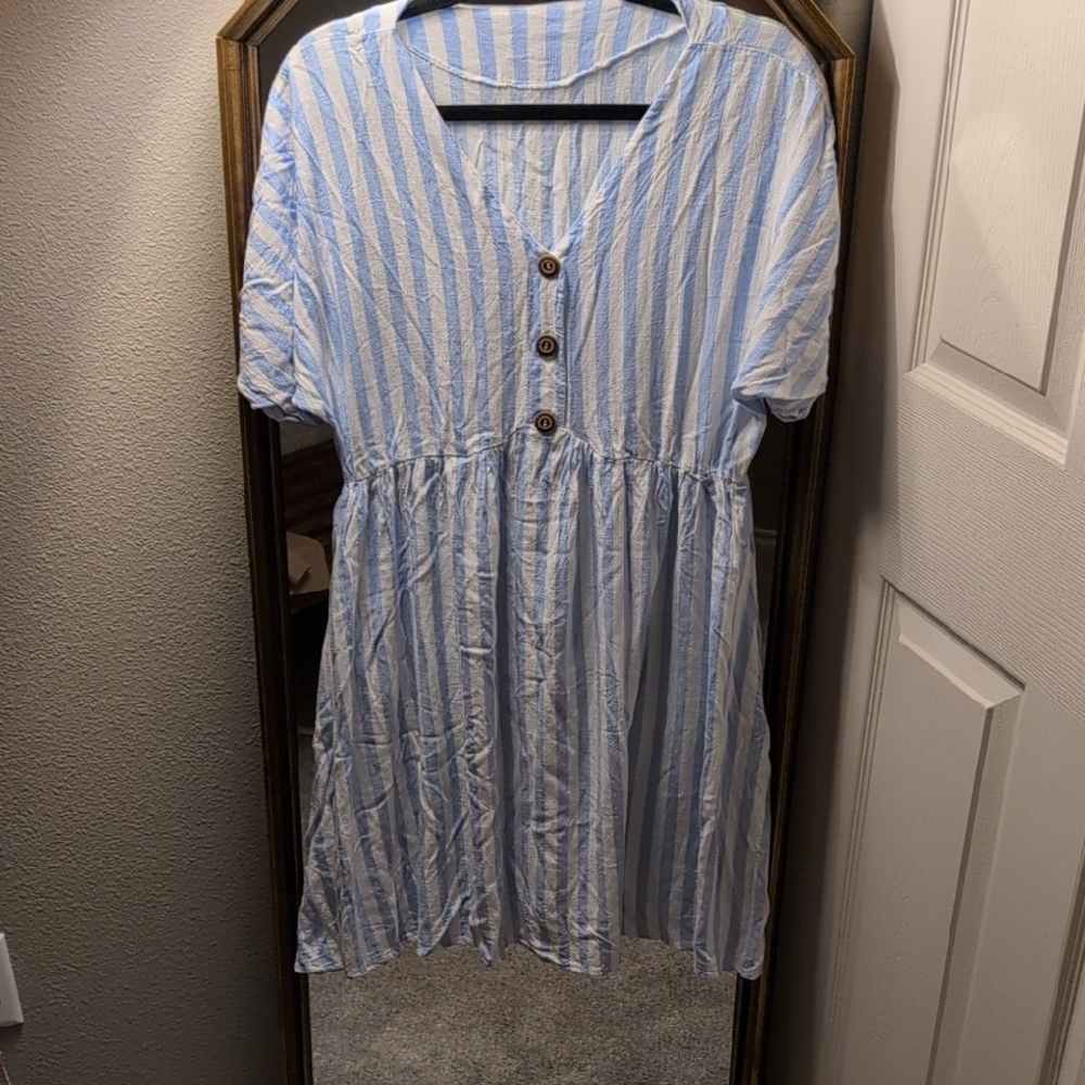 Blue and White Striped Button Dress